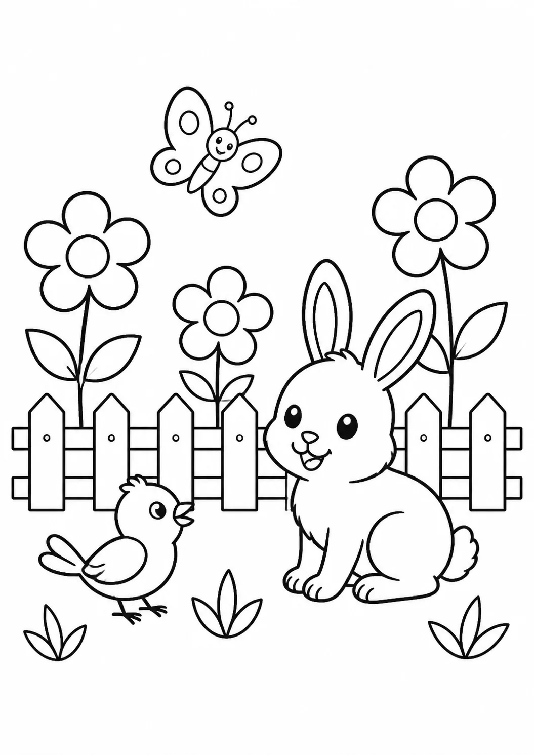 Coelho, passarinho e borboleta em um jardim simples para crianças de 4 anos colorirem