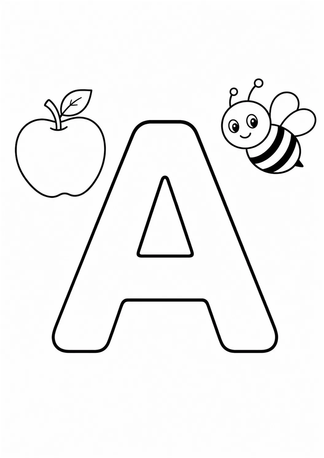 Letra A grande com maçã e abelha para colorir e imprimir
