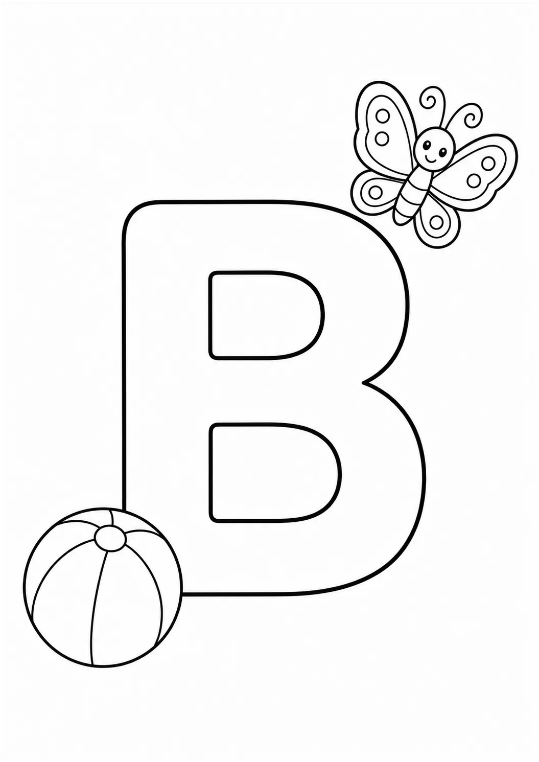 Letra B grande com bola e borboleta para colorir