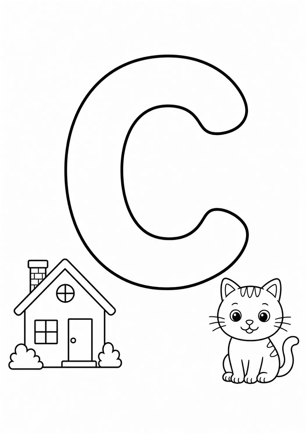 Letra C grande com casa e gato para colorir
