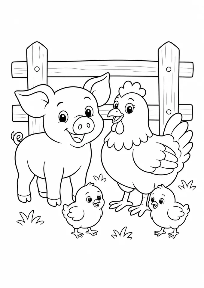 Porquinho, galinha e pintinhos ao lado da cerca para colorir