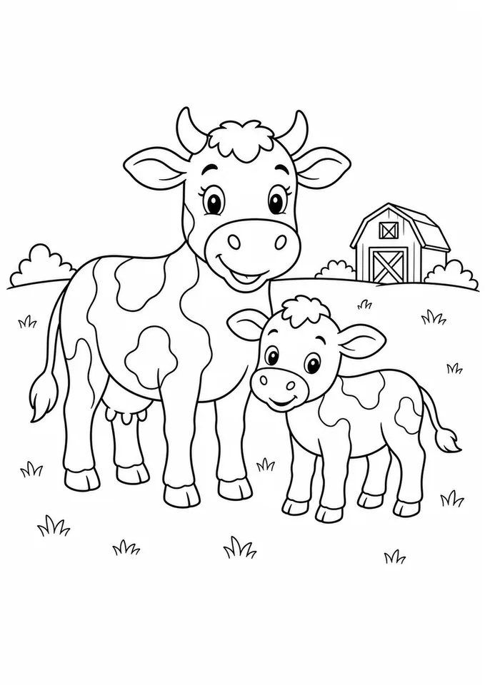 Desenho de vaca e bezerro da fazenda para colorir e imprimir
