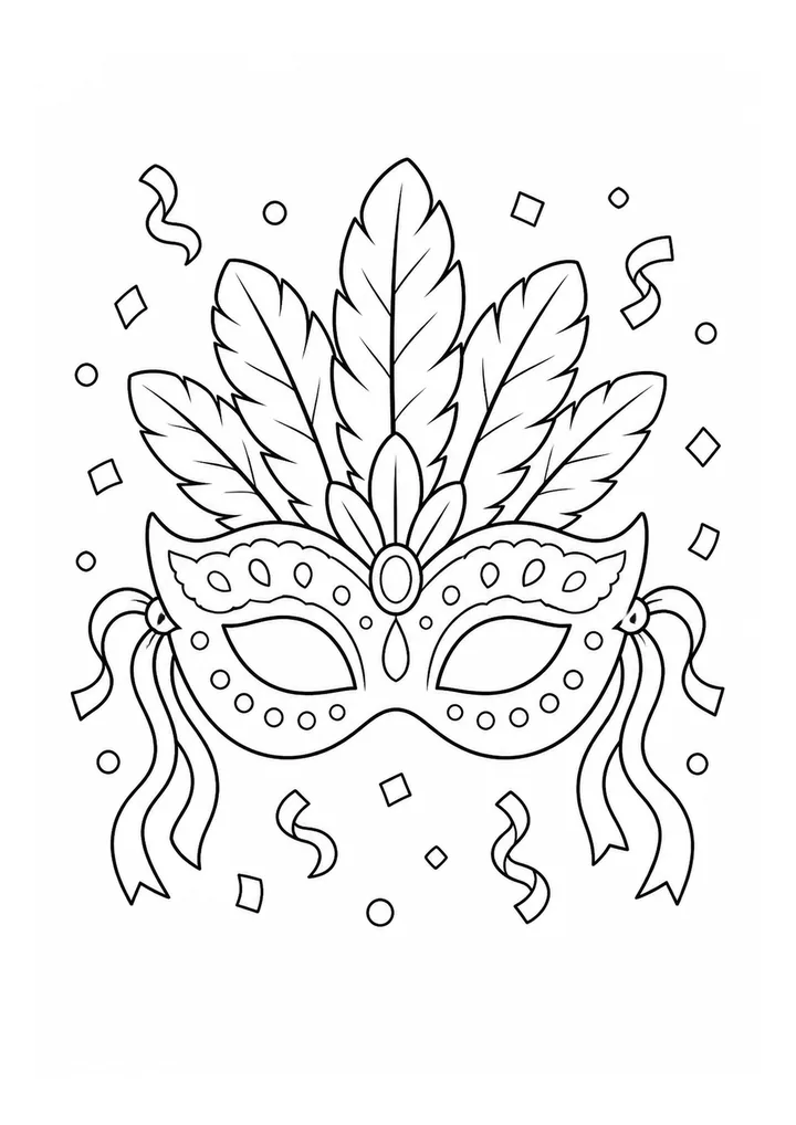 Máscara de Carnaval decorada com penas, fitas e confetes para colorir