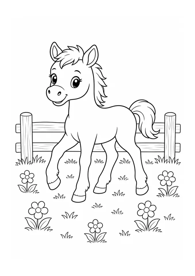 Cavalinho no pasto com cerca e flores para colorir