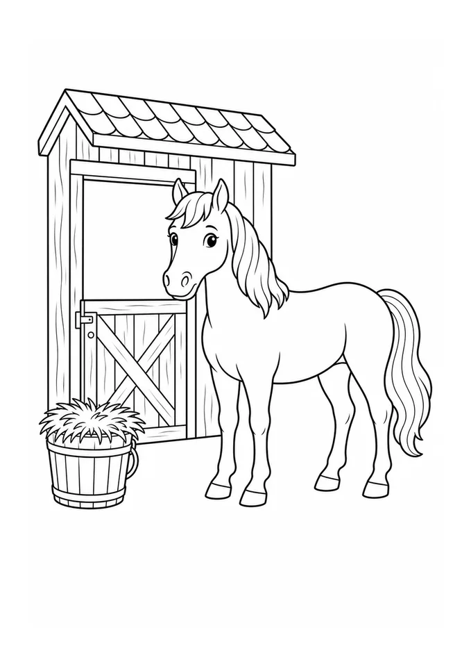 Cavalo ao lado do estábulo para colorir
