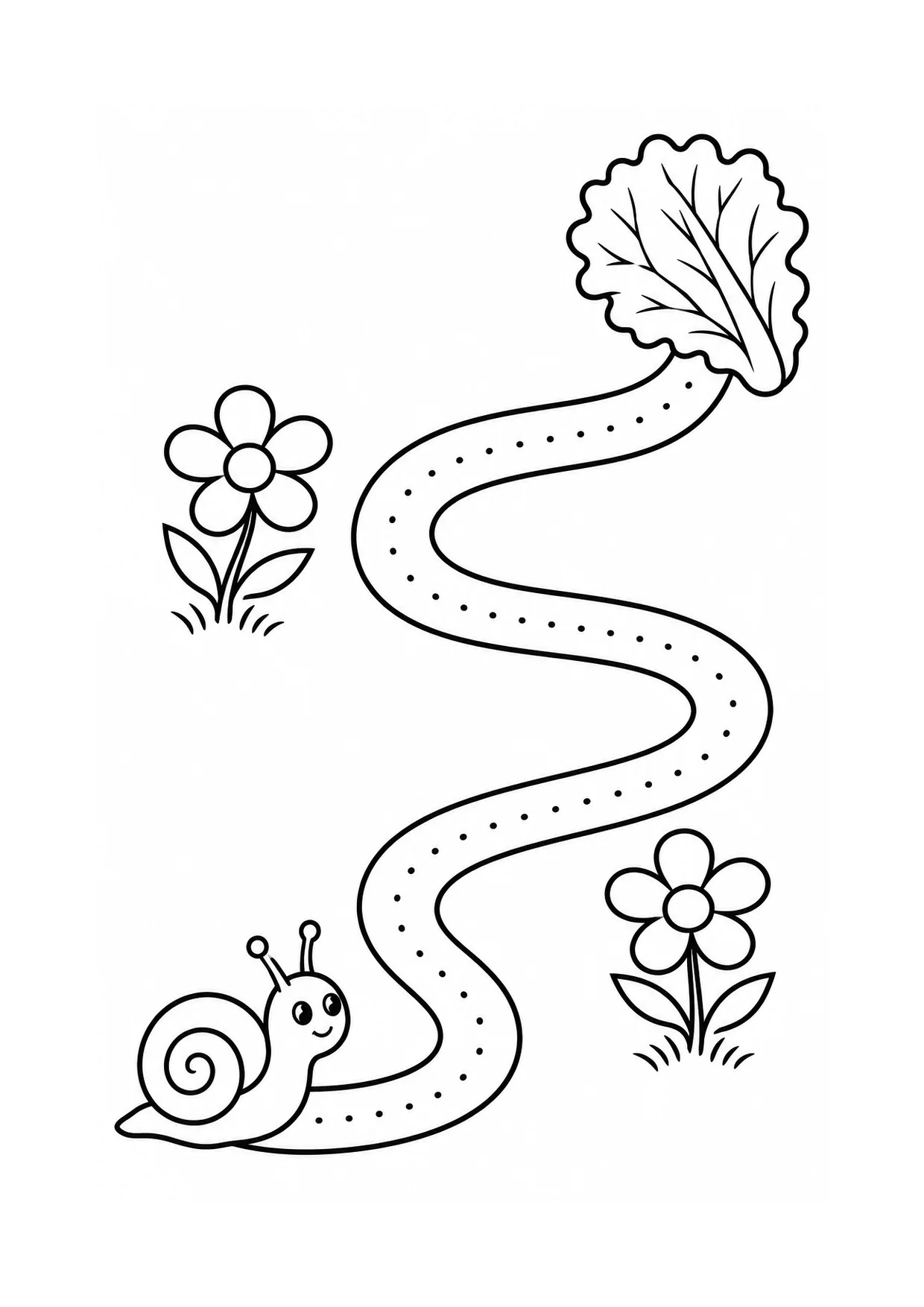 Caracol segue um caminho largo e pontilhado até uma folha, com flores pelo jardim