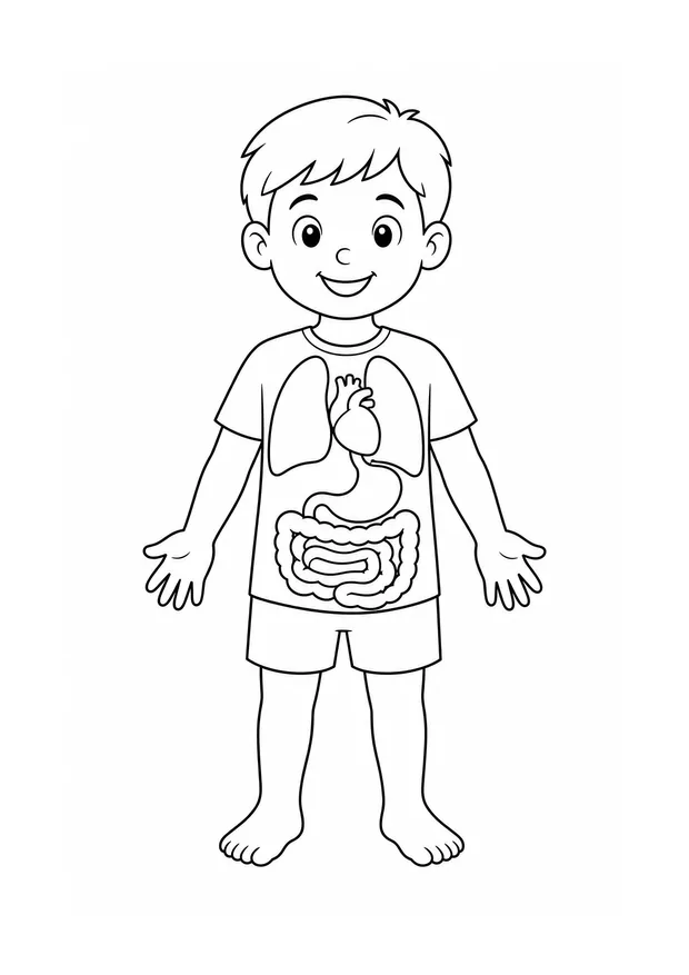 Criança completa com pulmões, coração, estômago e intestinos simplificados para colorir