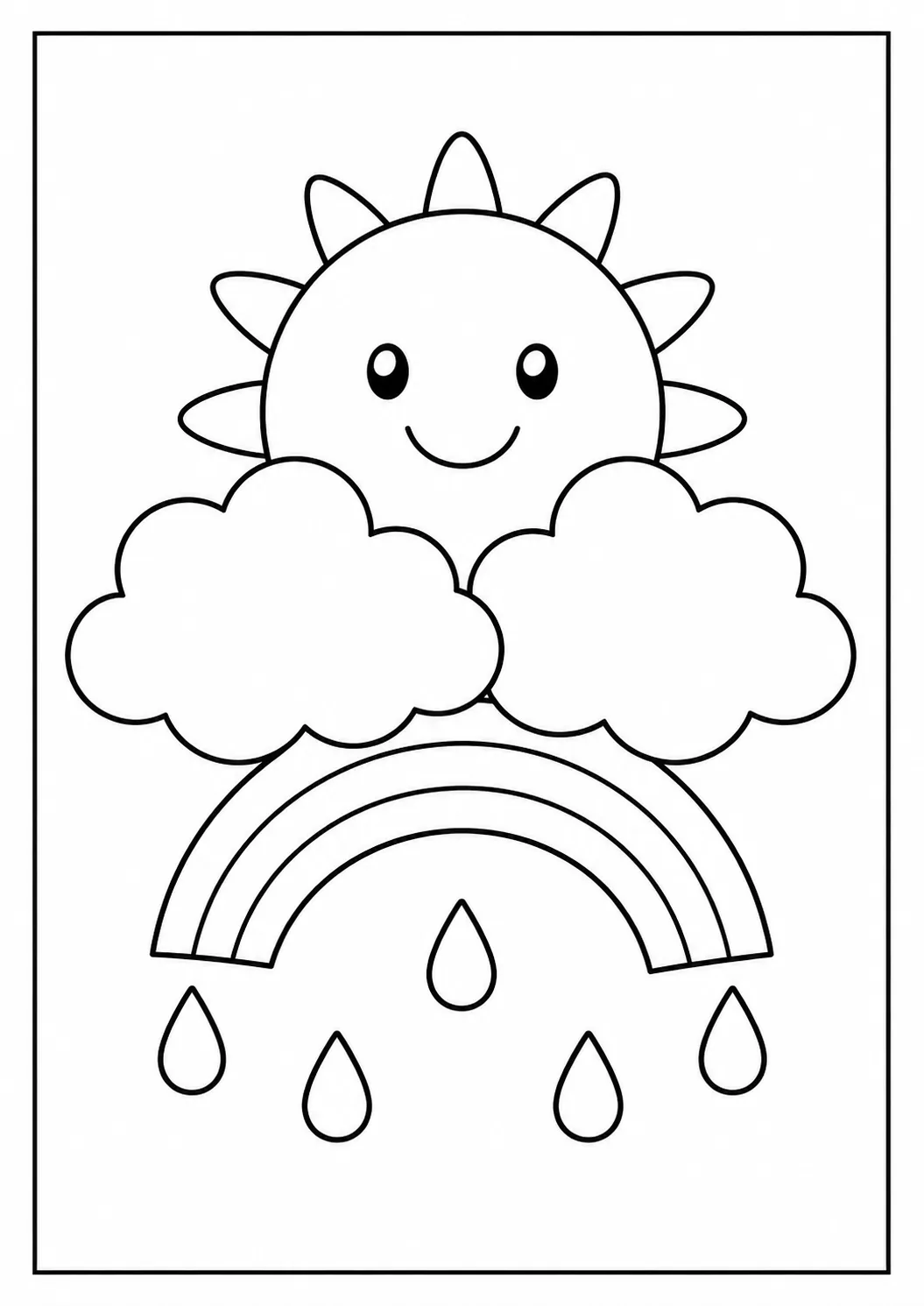 Sol sorridente entre nuvens, arco-íris e gotas de chuva para colorir