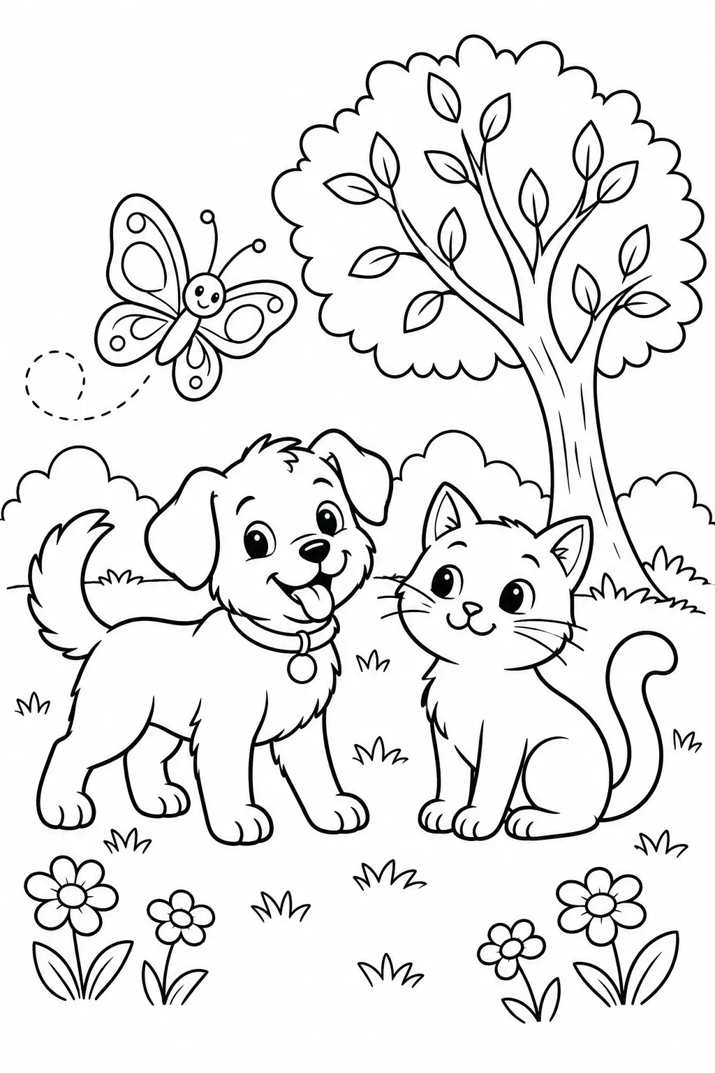 Cachorro, gato, borboleta e árvore em uma cena completa para colorir