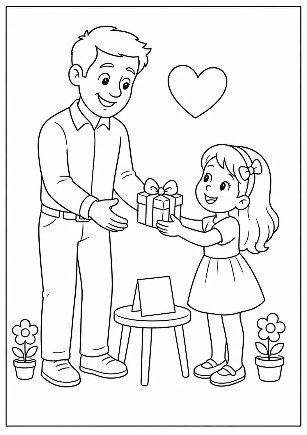 Pai e filha completos trocando um presente com laço, coração e flores para colorir