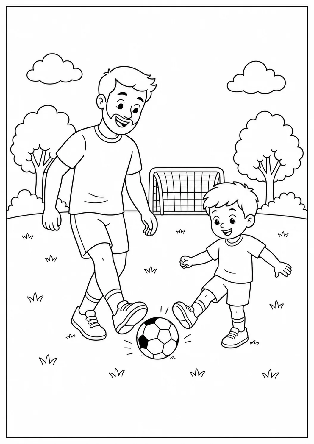 Pai e filho jogando futebol em um campo com trave e nuvens para colorir