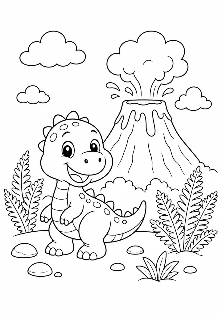 Dinossauro pequeno perto de um vulcão para colorir