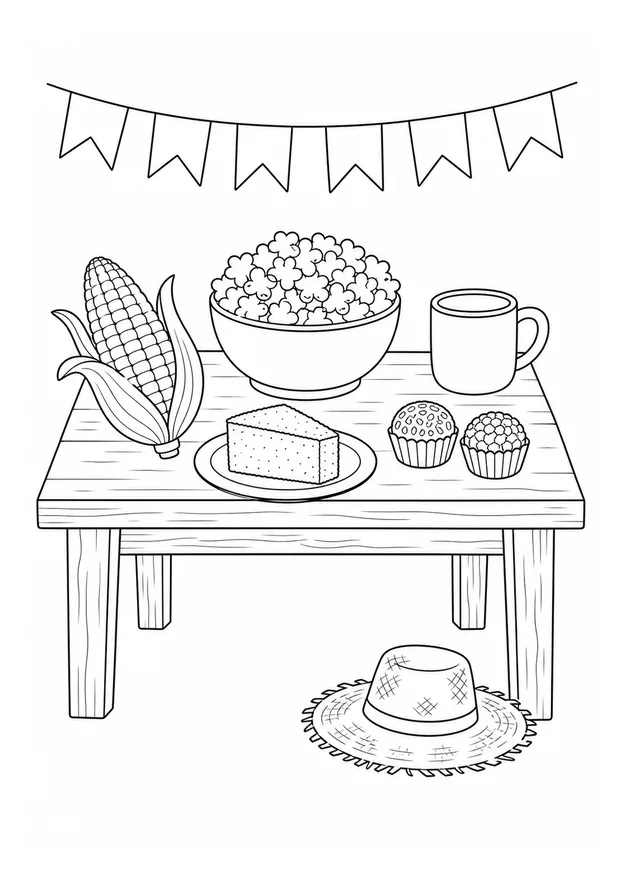 Mesa com milho, pipoca, bolo, doces, caneca e chapéu de palha para colorir