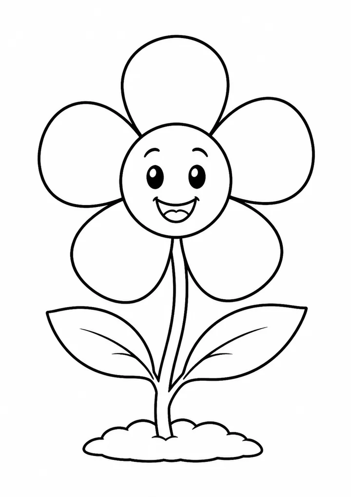 Flor simples com pétalas, folhas e caule completo para colorir