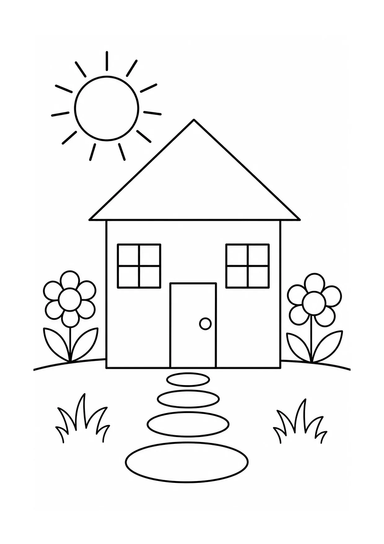 Casa com telhado triangular, janelas quadradas, sol circular e caminho oval para colorir