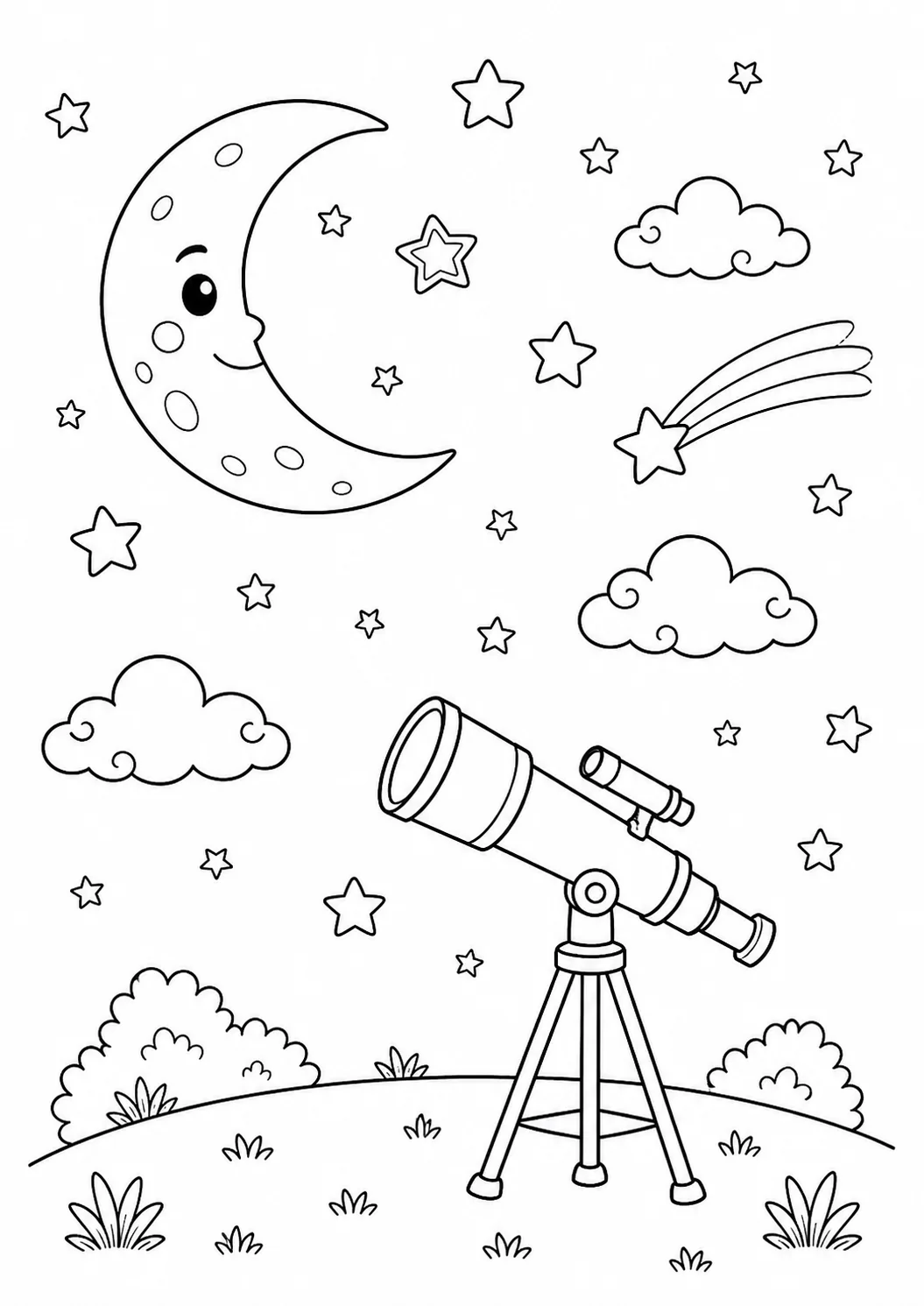 Céu noturno com lua crescente, estrelas, nuvens, estrela cadente e telescópio para colorir