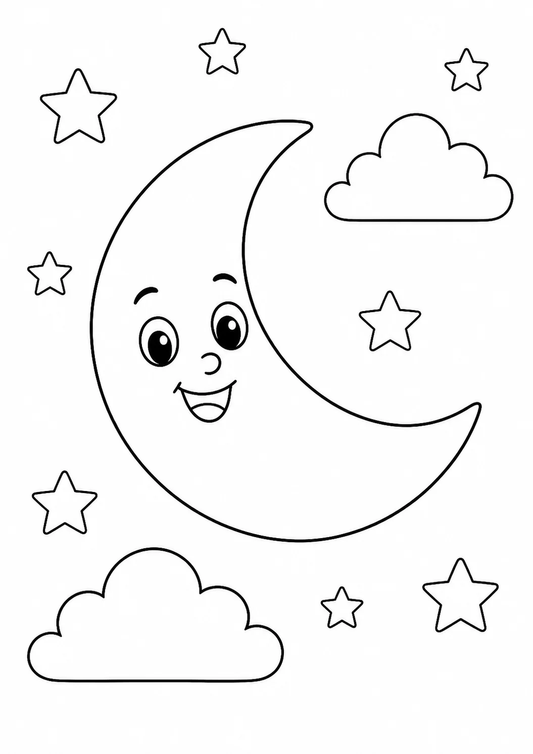 Lua crescente com estrelas e nuvens para colorir