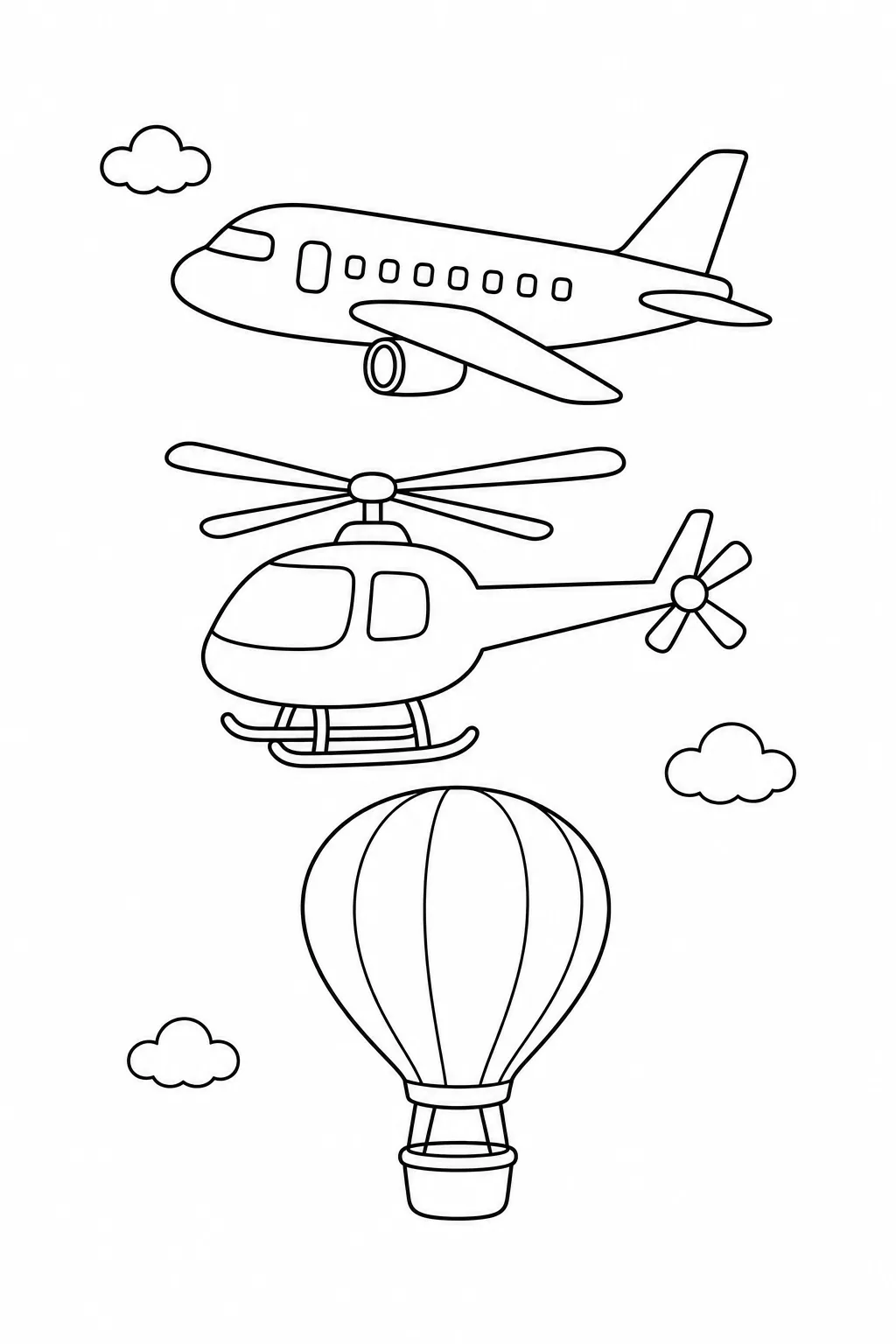 Avião, helicóptero e balão completos entre nuvens para colorir