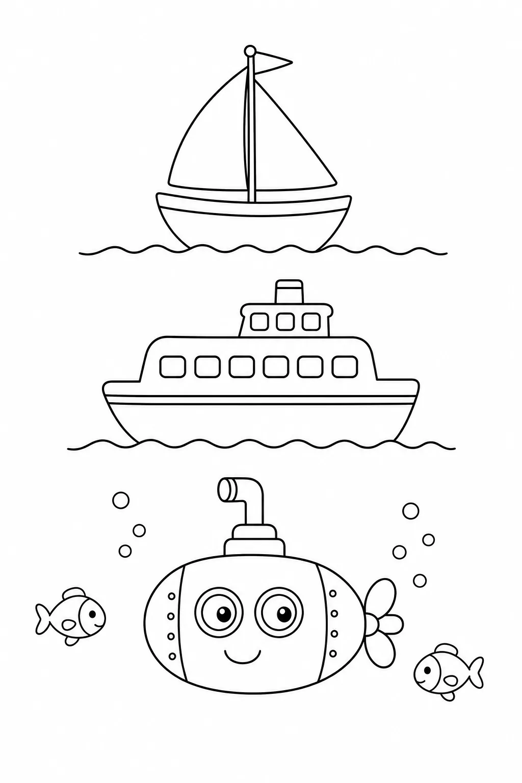 Veleiro, balsa e submarino completos para colorir