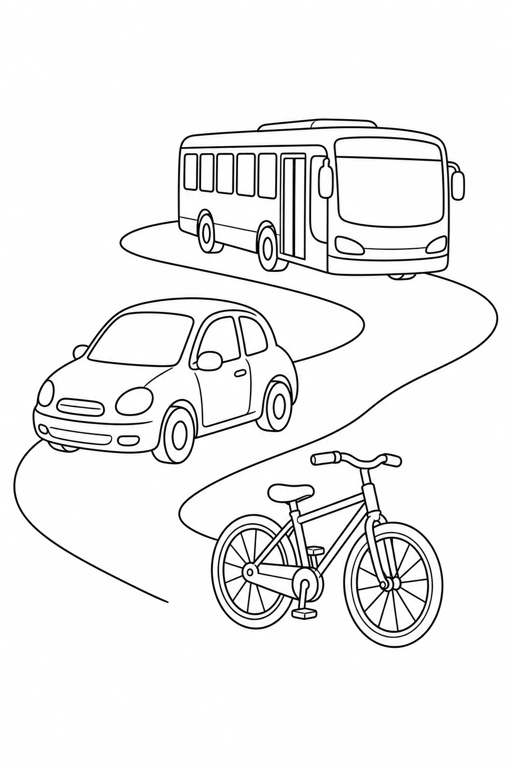Carro, ônibus e bicicleta completos em uma folha de meios de transporte para colorir