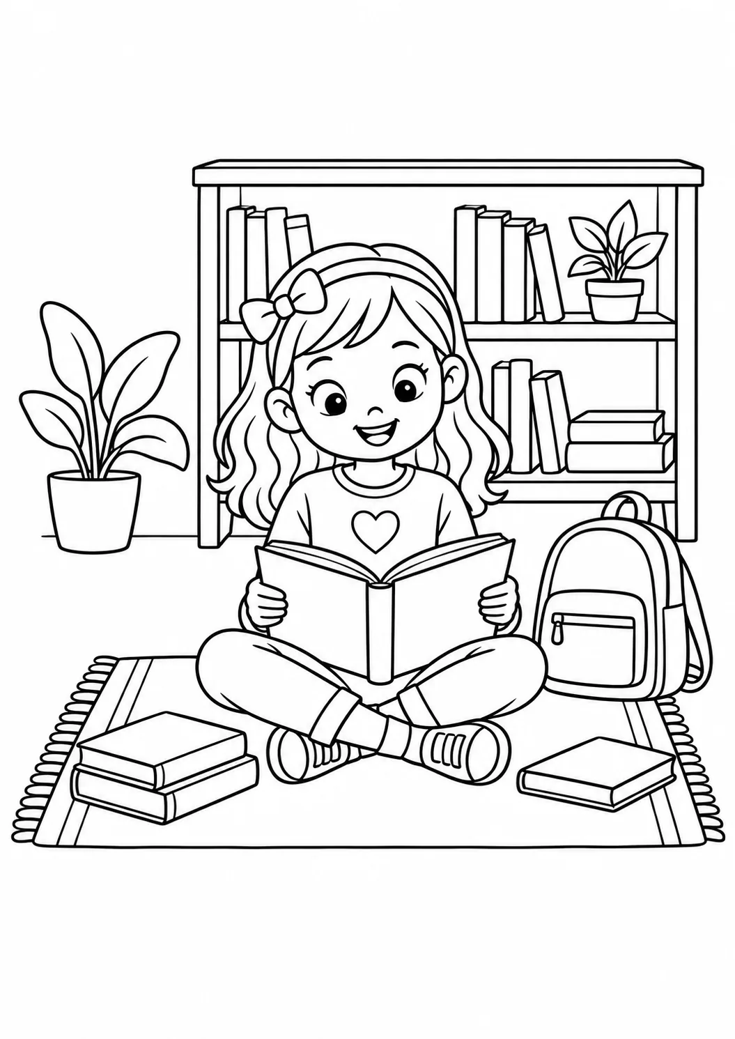 Menina sentada em um tapete lendo um livro diante de uma estante para colorir