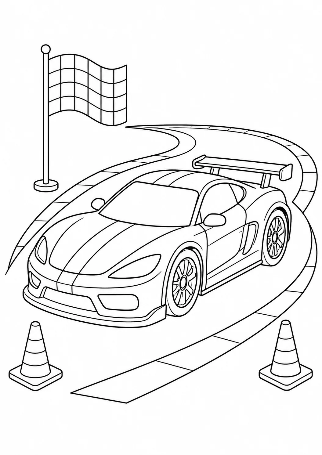 Carro de corrida em uma pista com cones e bandeira para colorir