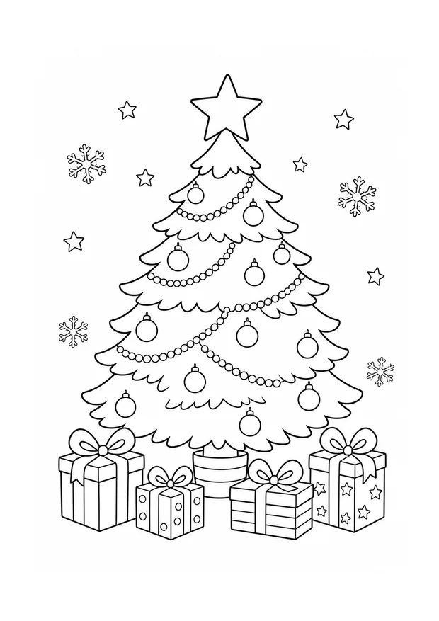 Árvore de Natal completa com enfeites e presentes em uma folha para colorir