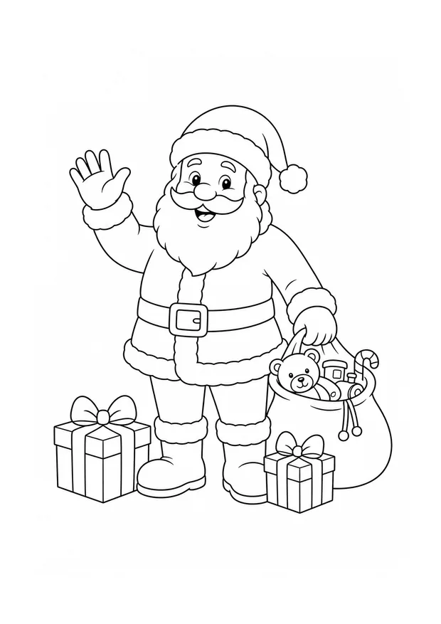 Papai Noel genérico acenando ao lado de saco de brinquedos e presentes para colorir