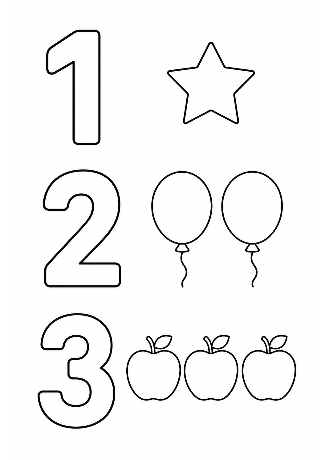 Números 1, 2 e 3 com figuras para contar e colorir