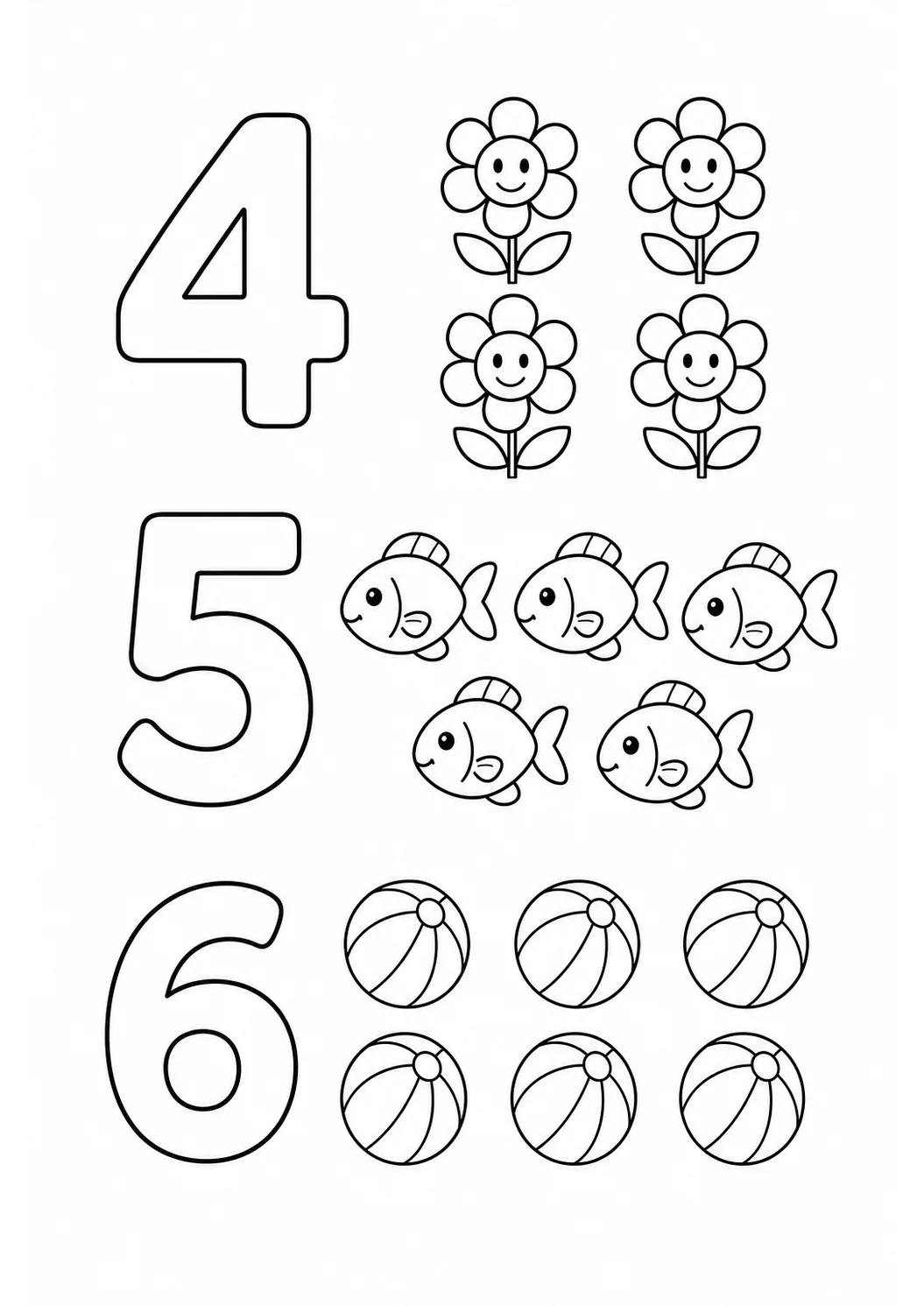 Números 4, 5 e 6 com flores, peixes e bolas para contar e colorir