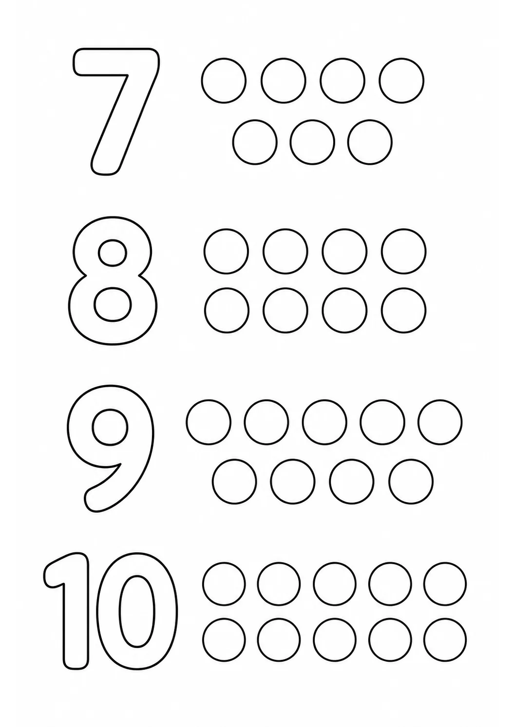 Números 7, 8, 9 e 10 com conjuntos de círculos para contar e colorir