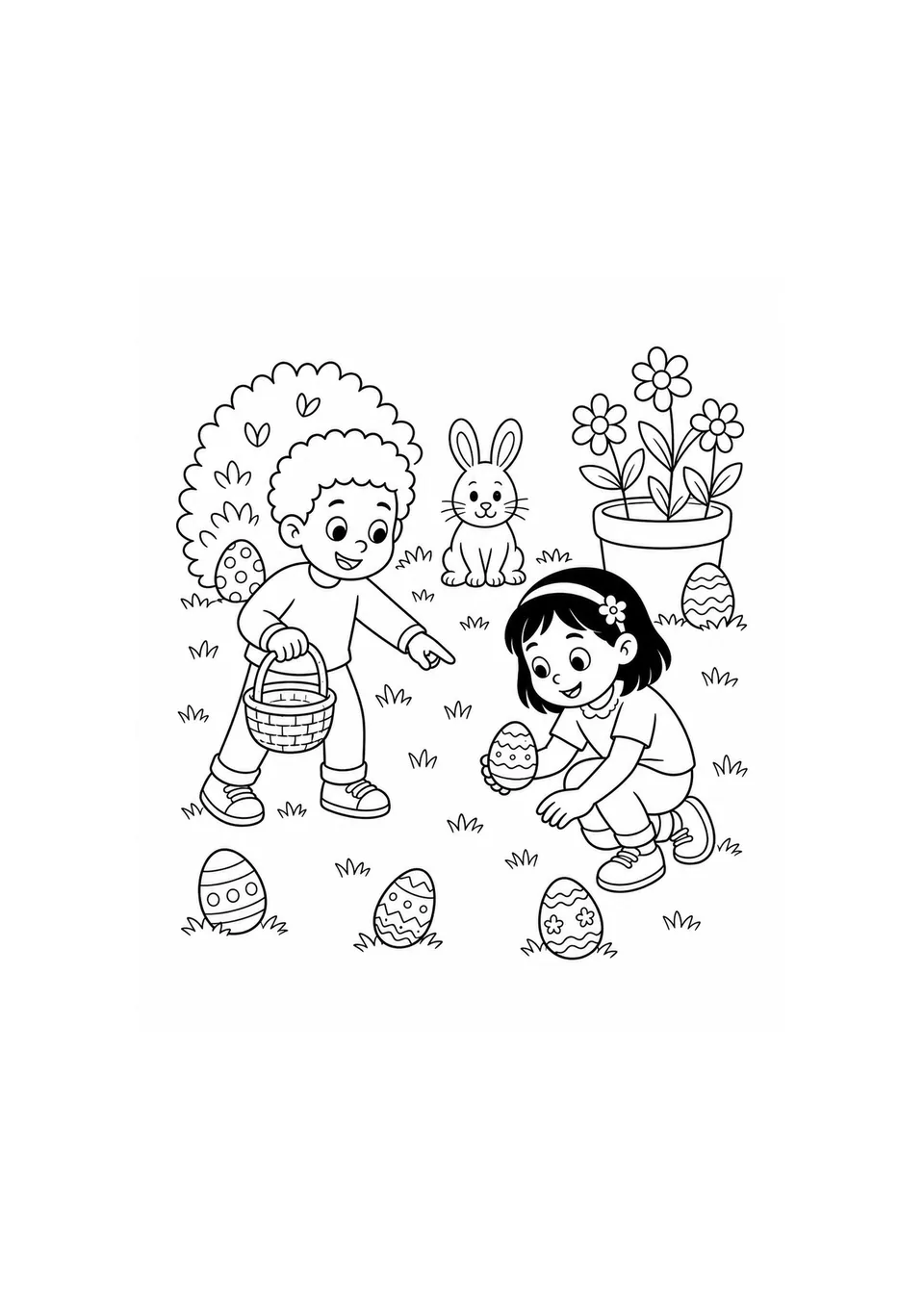 Duas crianças completas procurando cinco ovos de Páscoa em um jardim com cesta, coelho e vaso de flores para colorir