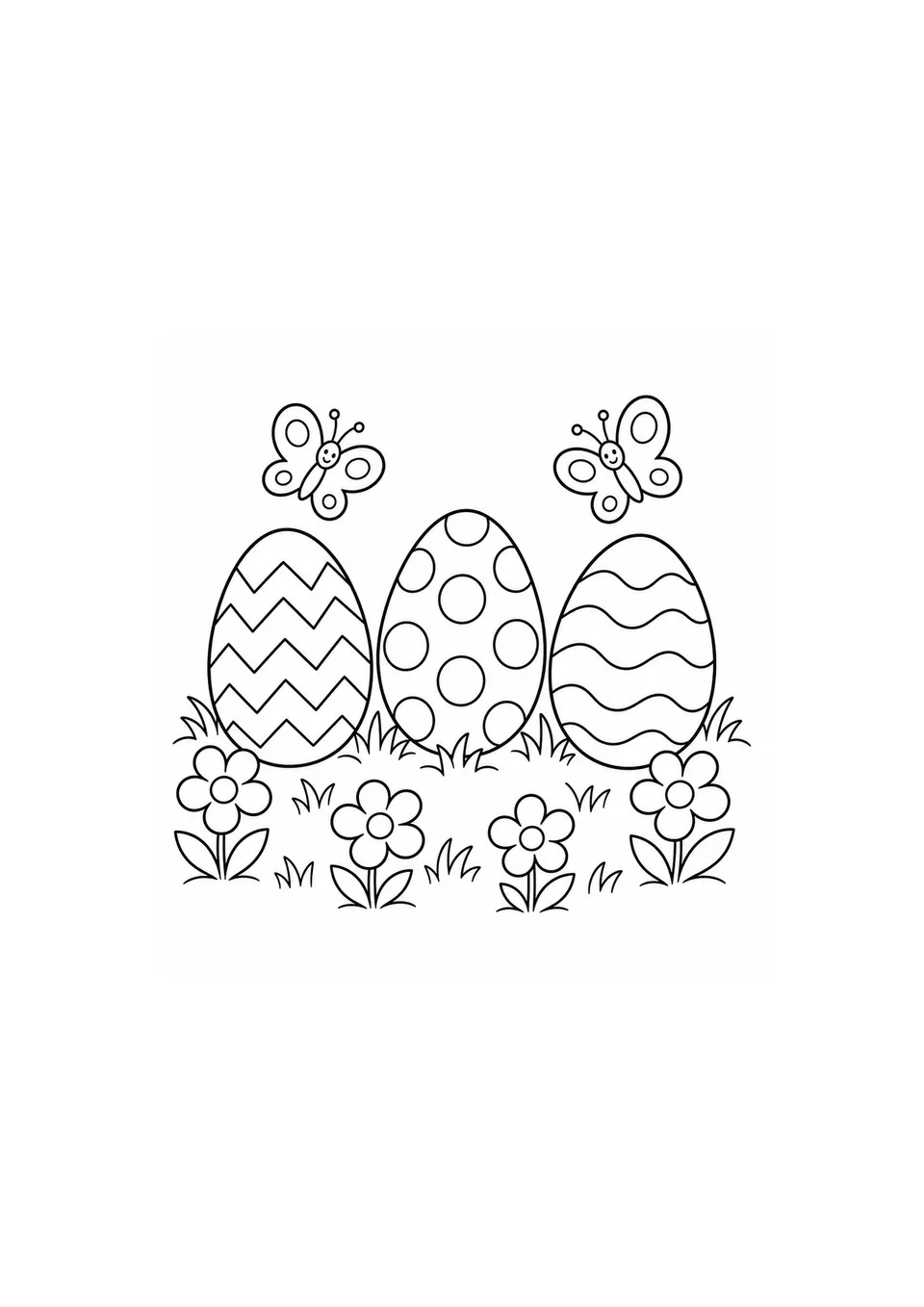 Três ovos de Páscoa grandes com padrões de zigue-zague, círculos e ondas entre flores e borboletas para colorir