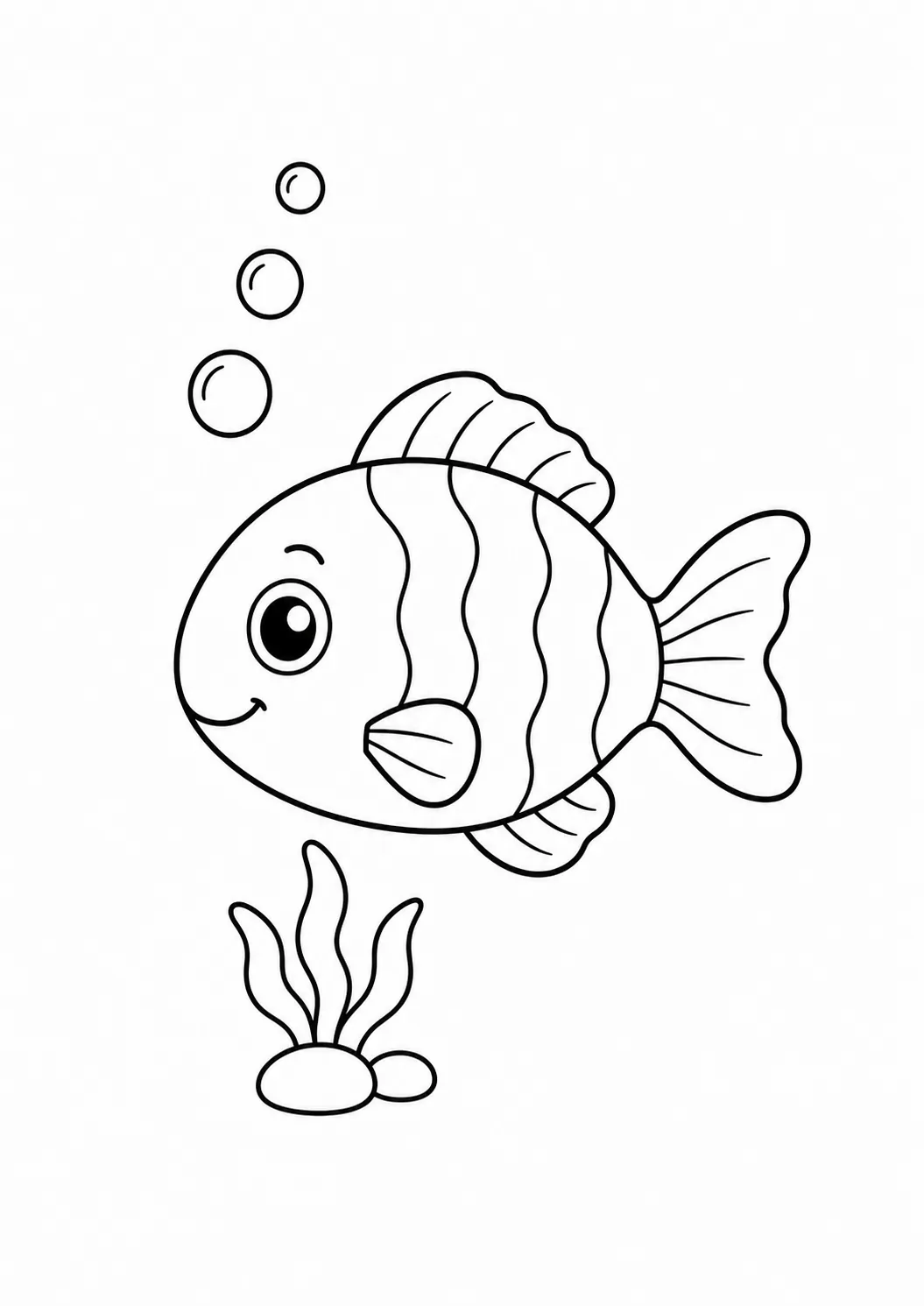 Peixe nadando com bolhas e planta aquática para colorir