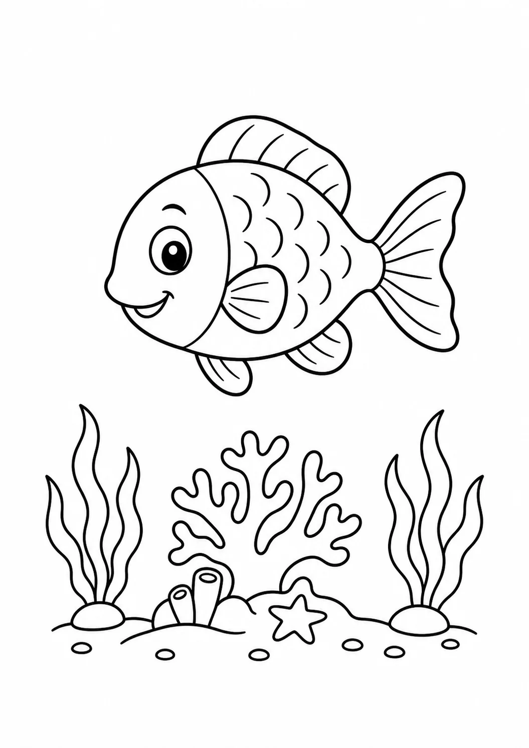 Peixe com coral e algas no fundo do mar para colorir