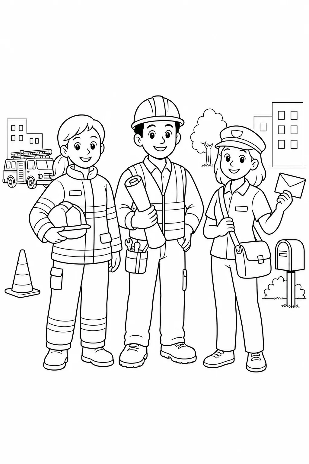 Bombeira, profissional da construção e entregadora de correspondências completos para colorir