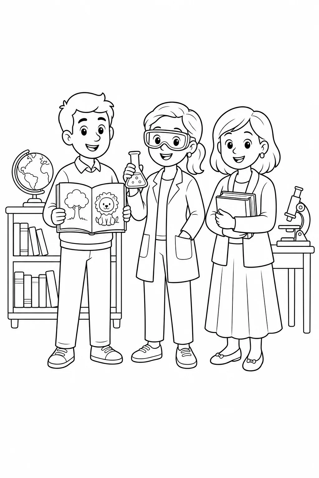 Professor, cientista e bibliotecária completos com livros e instrumentos para colorir