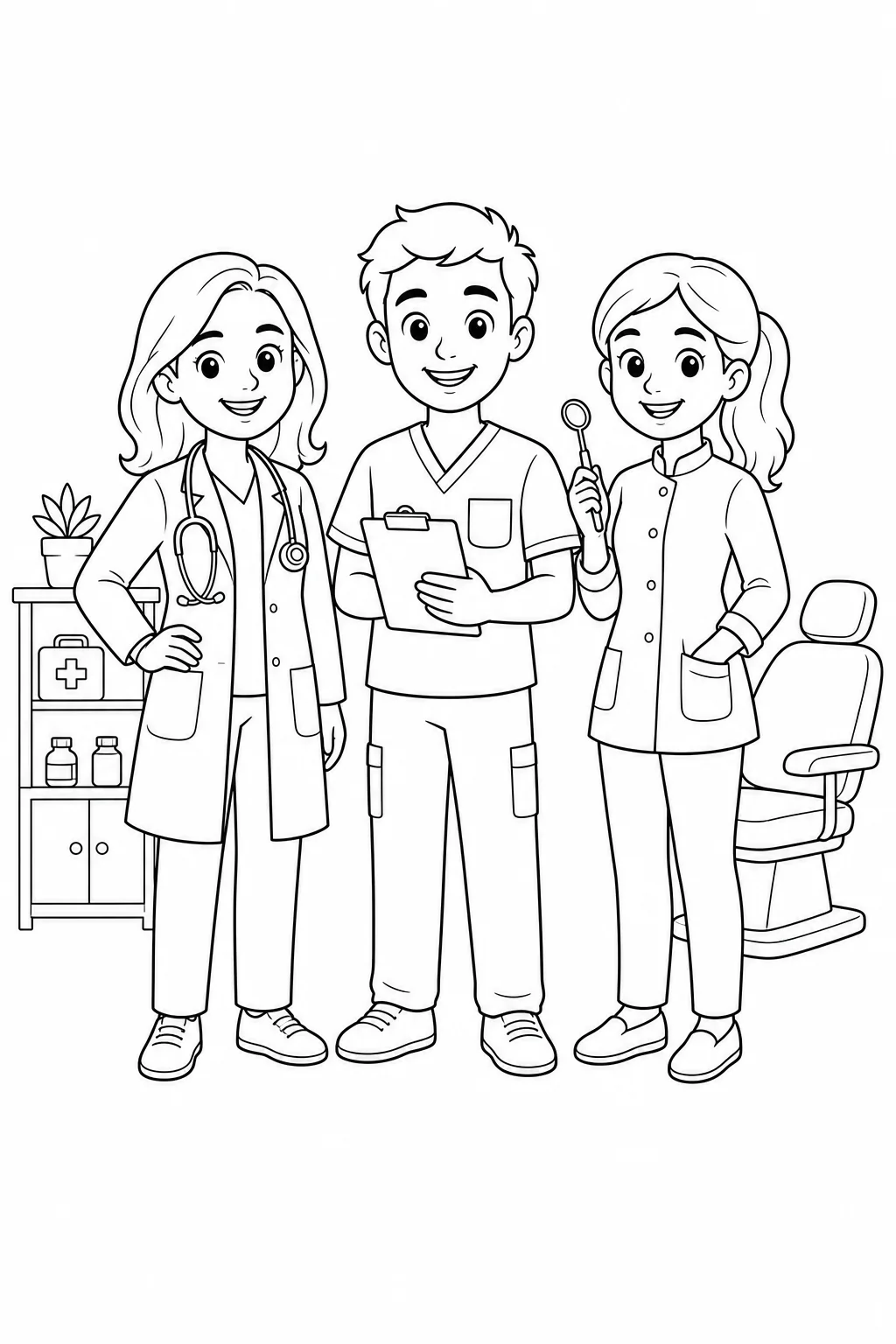 Médica, enfermeiro e dentista completos em uma folha de profissões para colorir