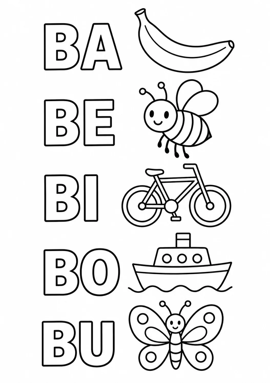 Sílabas BA, BE, BI, BO e BU em contorno grande com desenhos simples para colorir