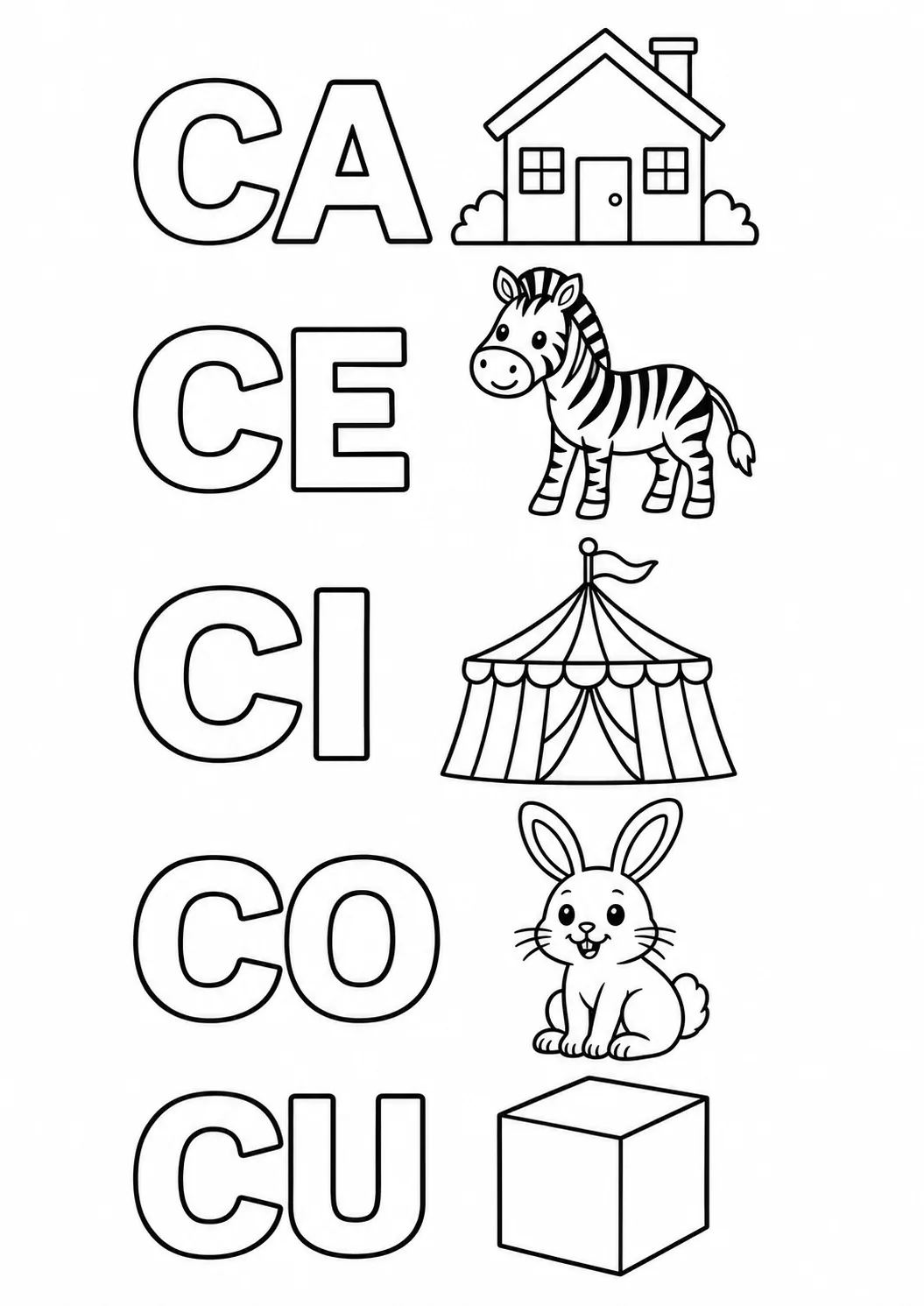Família silábica CA CE CI CO CU em letras grandes com casa, zebra, circo, coelho e cubo