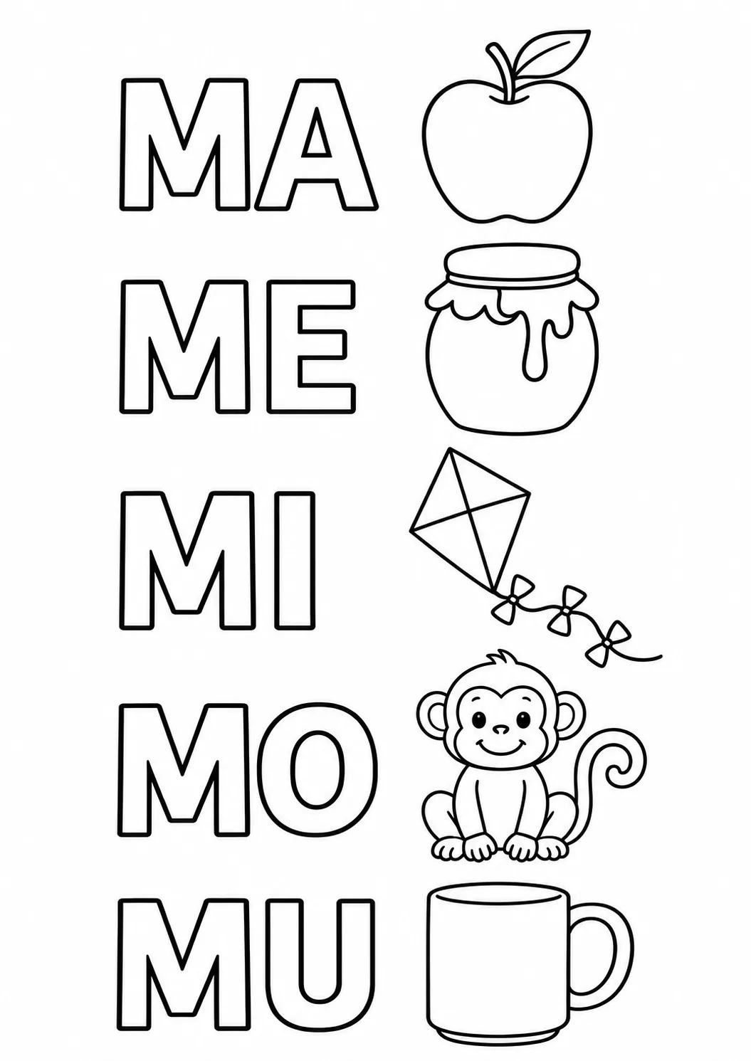 Família silábica MA ME MI MO MU em letras grandes com maçã, pote de mel, pipa, macaco e caneca