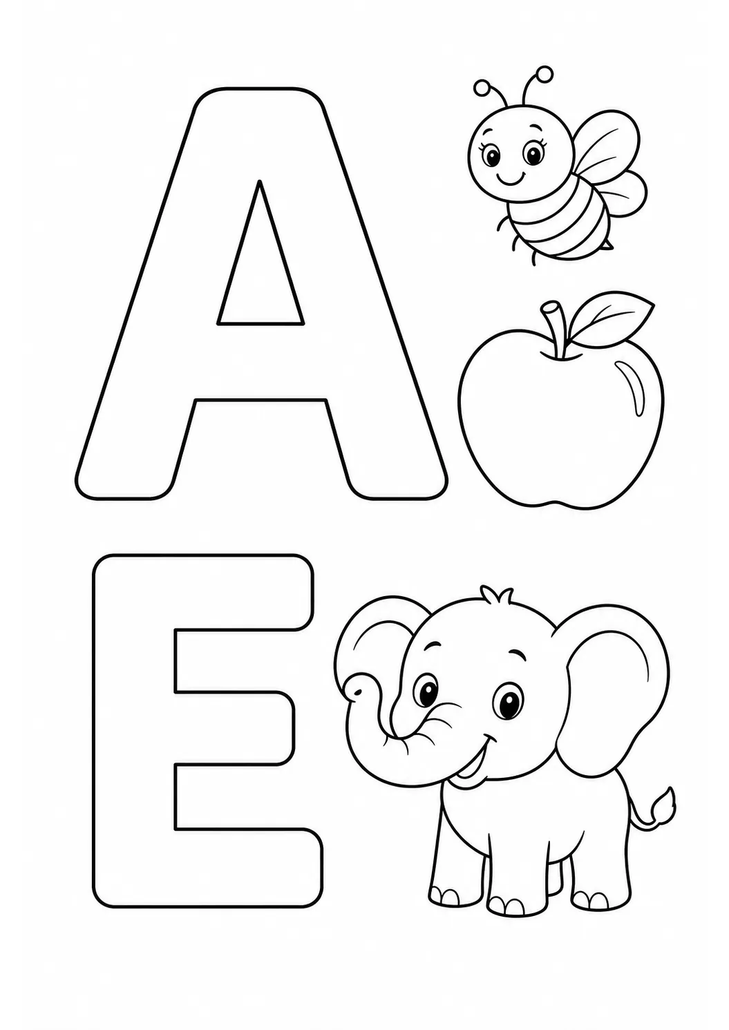Vogais A e E grandes com abelha, maçã e elefante para colorir