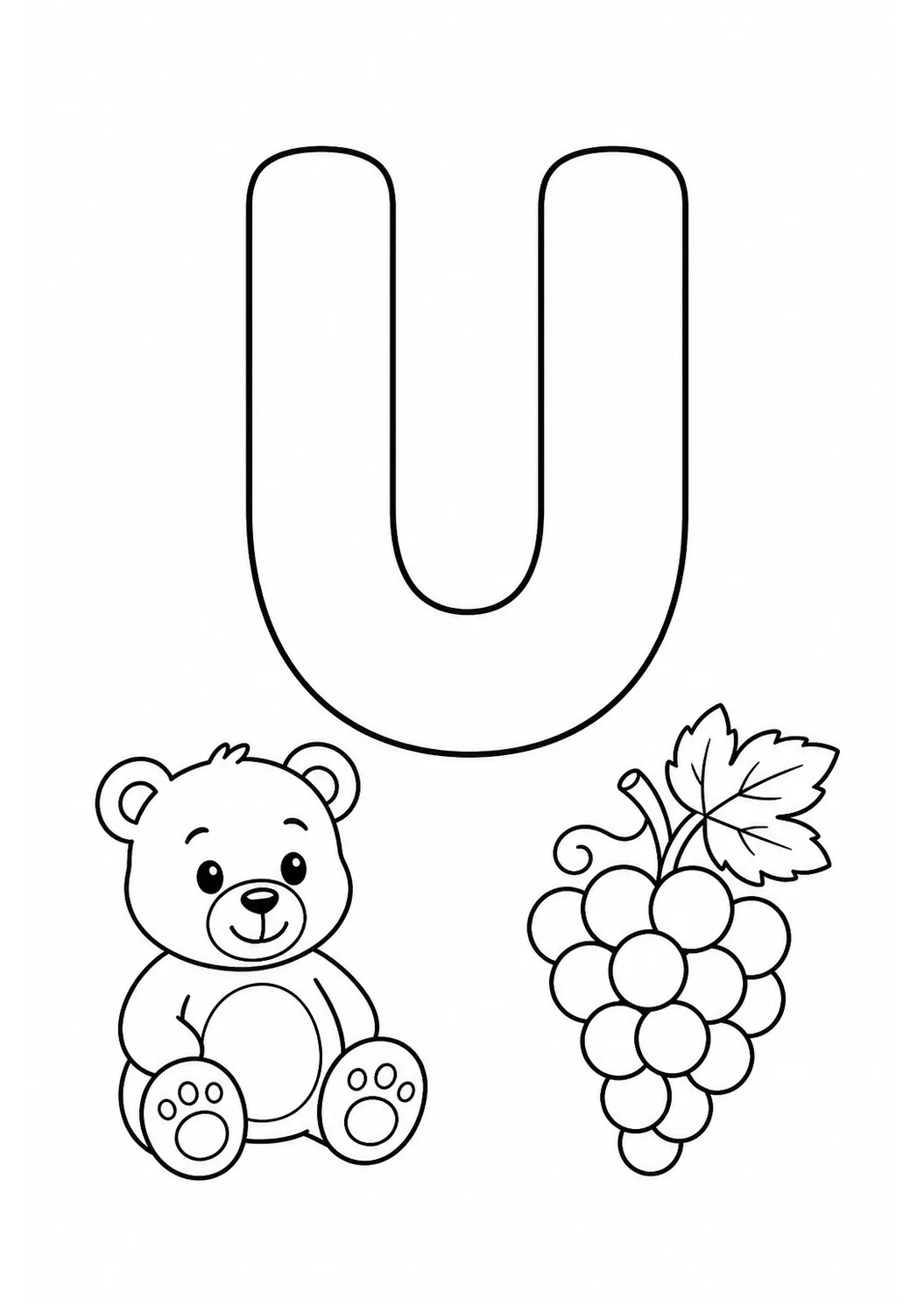 Vogal U com urso e uvas para colorir